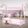 Kinderbett Tipi 70x140 cm Rosa aus Kiefernholz mit Rausfallschutz und Lattenrost Holzbett ML-Design