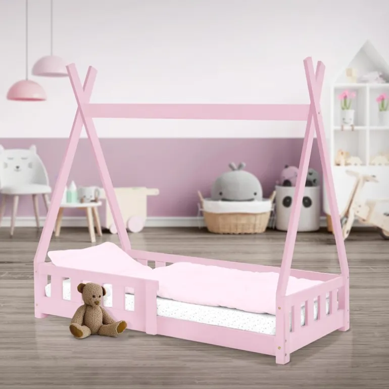 Kinderbett Tipi 70x140 cm Rosa aus Kiefernholz mit Rausfallschutz und Lattenrost Holzbett ML-Design
