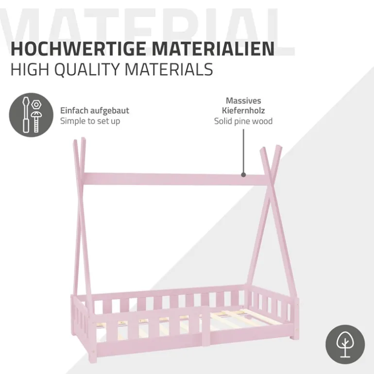 Kinderbett Tipi 70x140 cm Rosa aus Kiefernholz mit Rausfallschutz und Lattenrost Holzbett ML-Design