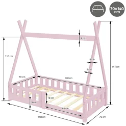 Kinderbett Tipi 70x140 cm Rosa aus Kiefernholz mit Rausfallschutz und Lattenrost Holzbett ML-Design