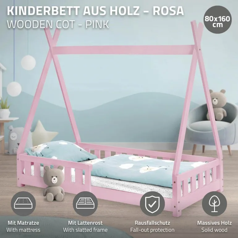 Kinderbett Tipi 80x160 cm Rosa aus Kiefernholz inkl. Matratze H-10cm Rausfallschutz und Lattenrost ML-Design