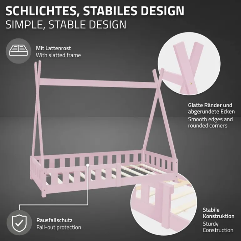 Kinderbett Tipi 80x160 cm Rosa aus Kiefernholz inkl. Matratze H-10cm Rausfallschutz und Lattenrost ML-Design