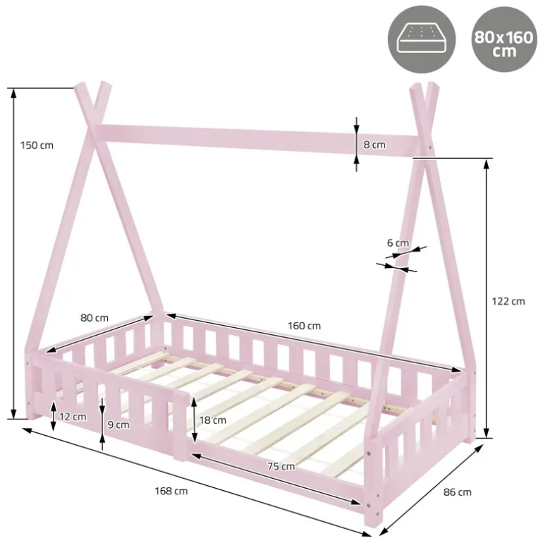 Kinderbett Tipi 80x160 cm Rosa aus Kiefernholz inkl. Matratze H-10cm Rausfallschutz und Lattenrost ML-Design