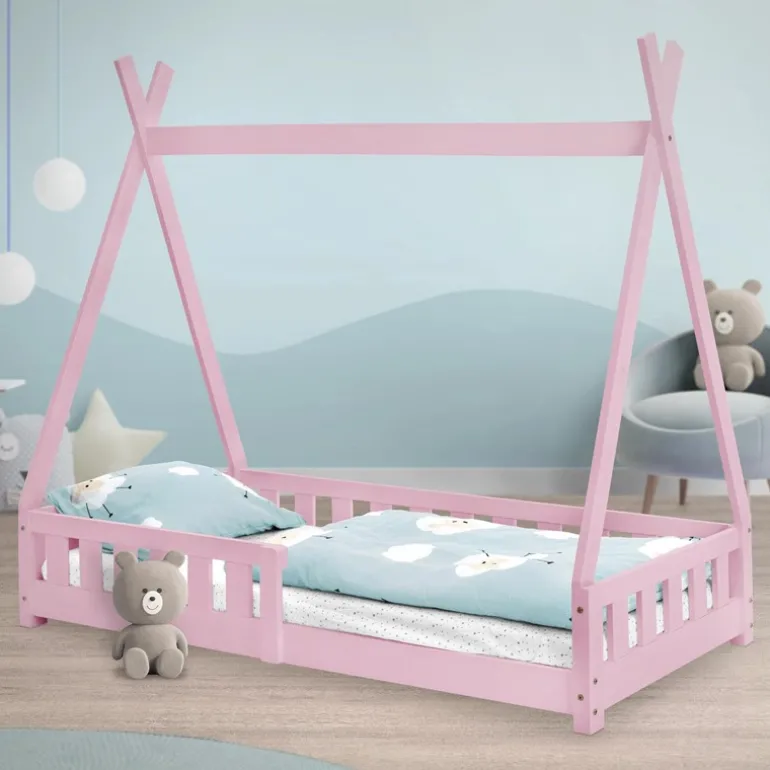 Kinderbett Tipi 80x160 cm Rosa aus Kiefernholz mit Rausfallschutz und Lattenrost Holzbett ML-Design