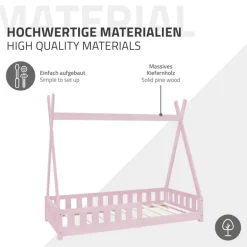 Kinderbett Tipi 80x160 cm Rosa aus Kiefernholz mit Rausfallschutz und Lattenrost Holzbett ML-Design