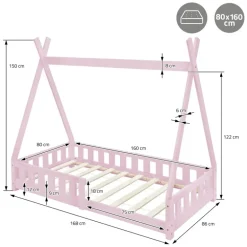 Kinderbett Tipi 80x160 cm Rosa aus Kiefernholz mit Rausfallschutz und Lattenrost Holzbett ML-Design