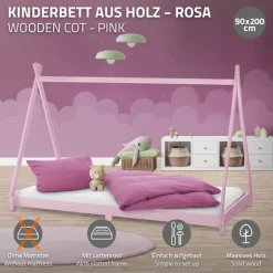 Kinderbett Tipi 90x200 cm Rosa aus Kiefernholz Holzbett mit Lattenrost ML-Design