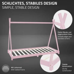 Kinderbett Tipi 90x200 cm Rosa aus Kiefernholz Holzbett mit Lattenrost ML-Design