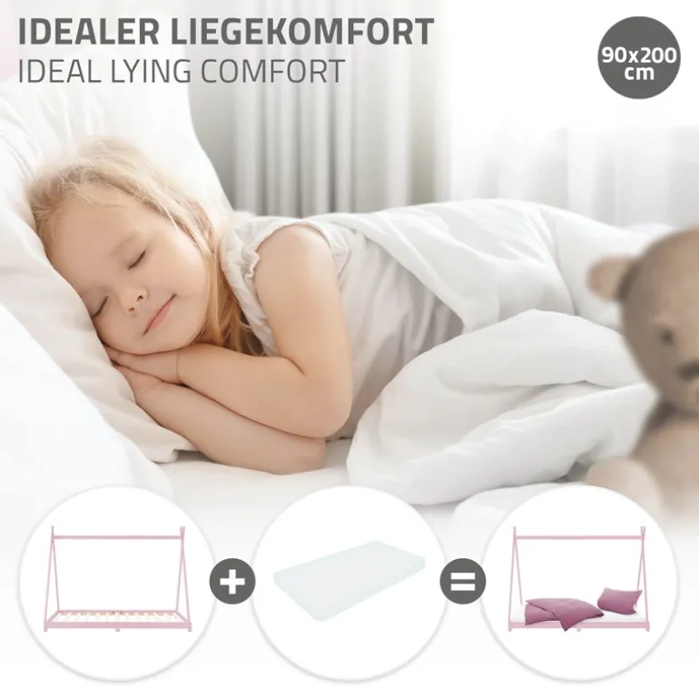 Kinderbett Tipi 90x200 cm Rosa aus Kiefernholz Holzbett mit Lattenrost ML-Design