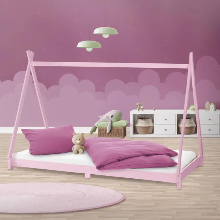 Kinderbett Tipi 90x200 cm Rosa aus Kiefernholz Holzbett mit Lattenrost ML-Design