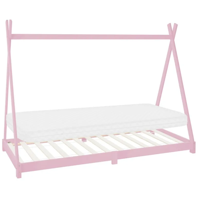Kinderbett Tipi 90x200 cm Rosa aus Kiefernholz inkl. Matratze H-10cm Holzbett mit Lattenrost ML-Design