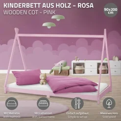 Kinderbett Tipi 90x200 cm Rosa aus Kiefernholz inkl. Matratze H-10cm Holzbett mit Lattenrost ML-Design