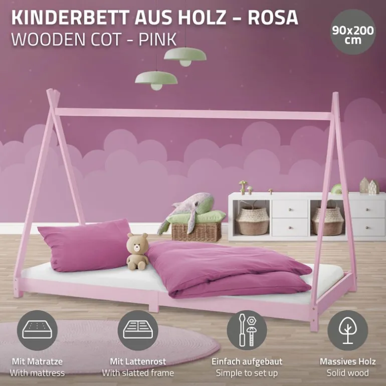 Kinderbett Tipi 90x200 cm Rosa aus Kiefernholz inkl. Matratze H-10cm Holzbett mit Lattenrost ML-Design