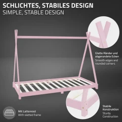 Kinderbett Tipi 90x200 cm Rosa aus Kiefernholz inkl. Matratze H-10cm Holzbett mit Lattenrost ML-Design