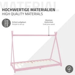 Kinderbett Tipi 90x200 cm Rosa aus Kiefernholz inkl. Matratze H-10cm Holzbett mit Lattenrost ML-Design