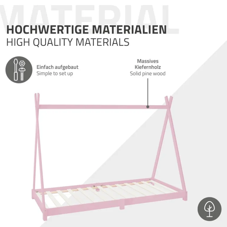 Kinderbett Tipi 90x200 cm Rosa aus Kiefernholz inkl. Matratze H-10cm Holzbett mit Lattenrost ML-Design