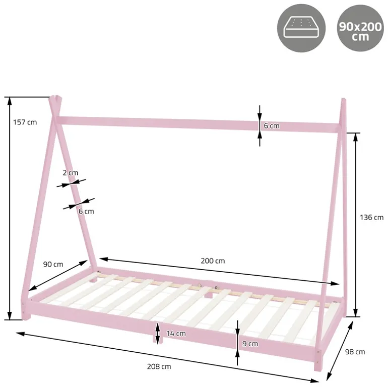 Kinderbett Tipi 90x200 cm Rosa aus Kiefernholz inkl. Matratze H-10cm Holzbett mit Lattenrost ML-Design