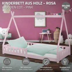 Kinderbett Tipi 90x200 cm Rosa aus Kiefernholz inkl. Matratze H-10cm Rausfallschutz und Lattenrost ML-Design