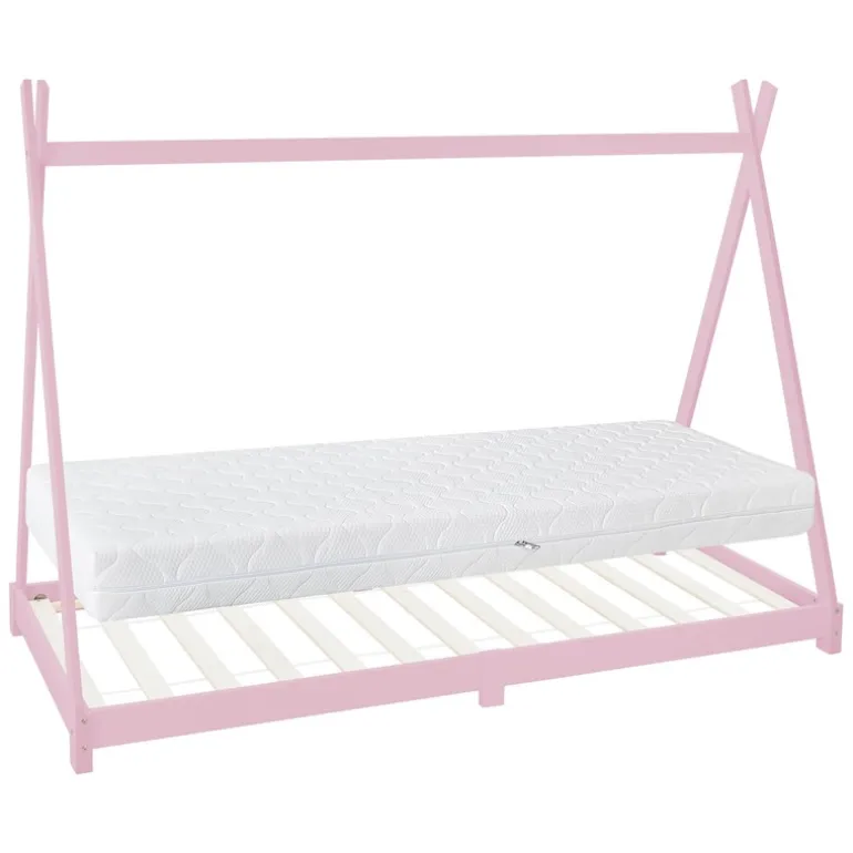 Kinderbett Tipi 90x200 cm Rosa aus Kiefernholz inkl. Matratze H-16cm Holzbett mit Lattenrost ML-Design