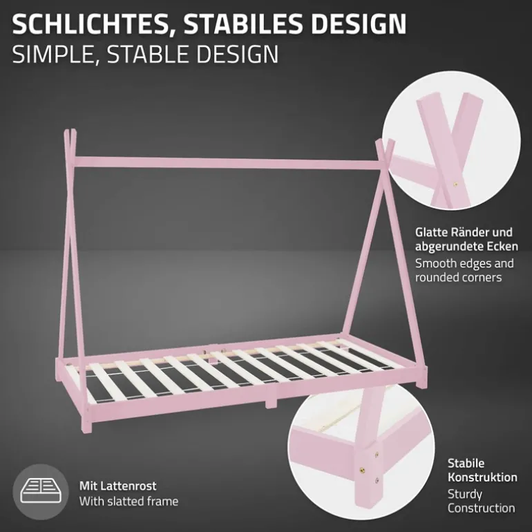 Kinderbett Tipi 90x200 cm Rosa aus Kiefernholz inkl. Matratze H-16cm Holzbett mit Lattenrost ML-Design