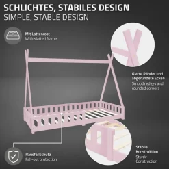 Kinderbett Tipi 90x200 cm Rosa aus Kiefernholz inkl. Matratze H-16cm Rausfallschutz und Lattenrost ML-Design
