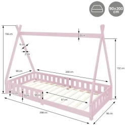 Kinderbett Tipi 90x200 cm Rosa aus Kiefernholz inkl. Matratze H-16cm Rausfallschutz und Lattenrost ML-Design