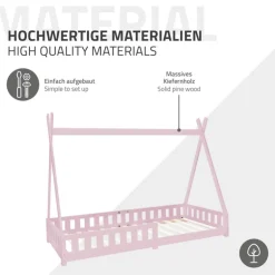 Kinderbett Tipi 90x200 cm Rosa aus Kiefernholz mit Rausfallschutz und Lattenrost Holzbett ML-Design