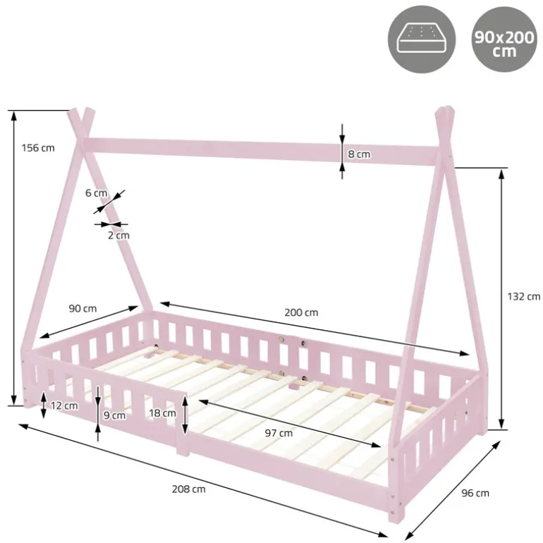 Kinderbett Tipi 90x200 cm Rosa aus Kiefernholz mit Rausfallschutz und Lattenrost Holzbett ML-Design