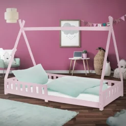 Kinderbett Tipi 90x200 cm Rosa aus Kiefernholz mit Rausfallschutz und Lattenrost Holzbett ML-Design