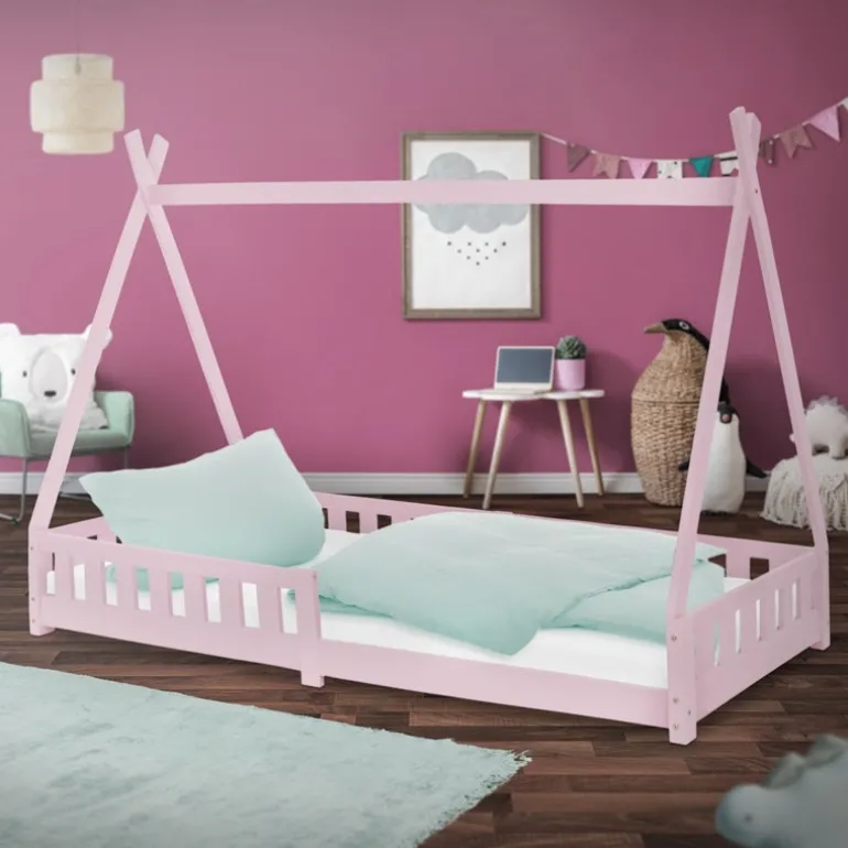 Kinderbett Tipi 90x200 cm Rosa aus Kiefernholz mit Rausfallschutz und Lattenrost Holzbett ML-Design