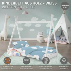 Kinderbett Tipi 70x140 cm Weiß aus Kiefernholz Holzbett mit Lattenrost ML-Design
