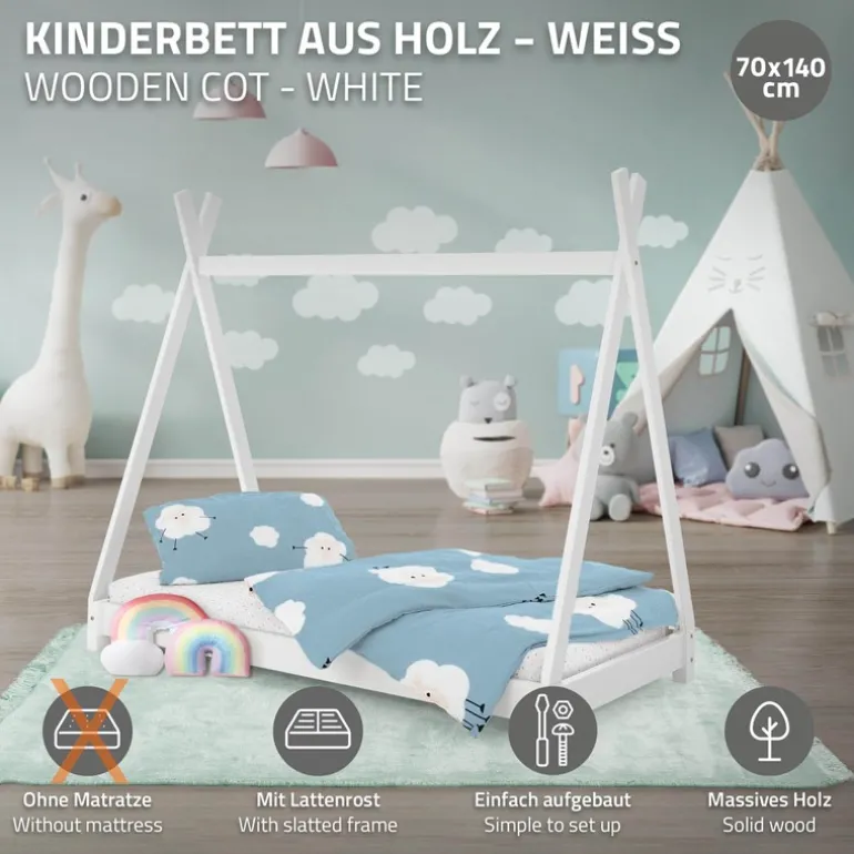 Kinderbett Tipi 70x140 cm Weiß aus Kiefernholz Holzbett mit Lattenrost ML-Design