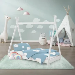 Kinderbett Tipi 70x140 cm Weiß aus Kiefernholz Holzbett mit Lattenrost ML-Design