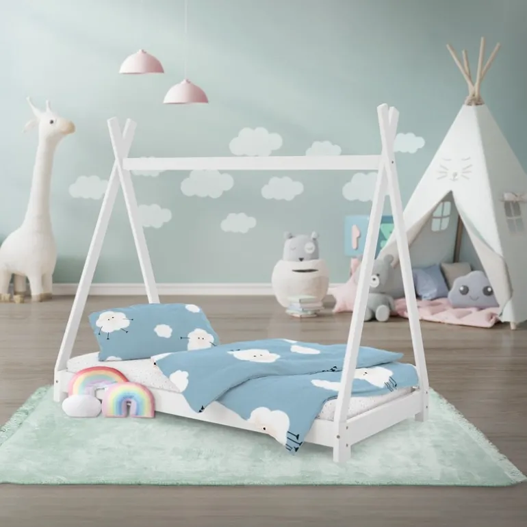 Kinderbett Tipi 70x140 cm Weiß aus Kiefernholz Holzbett mit Lattenrost ML-Design