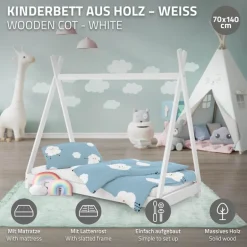 Kinderbett Tipi 70x140 cm Weiß aus Kiefernholz inkl. Matratze H-10cm Holzbett mit Lattenrost ML-Design