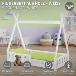 Kinderbett Tipi 70x140 cm Weiß aus Kiefernholz inkl. Matratze H-10cm Rausfallschutz und Lattenrost ML-Design