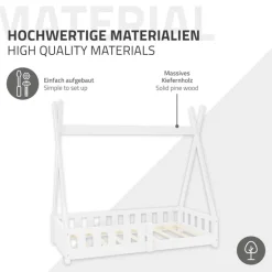 Kinderbett Tipi 70x140 cm Weiß aus Kiefernholz inkl. Matratze H-10cm Rausfallschutz und Lattenrost ML-Design