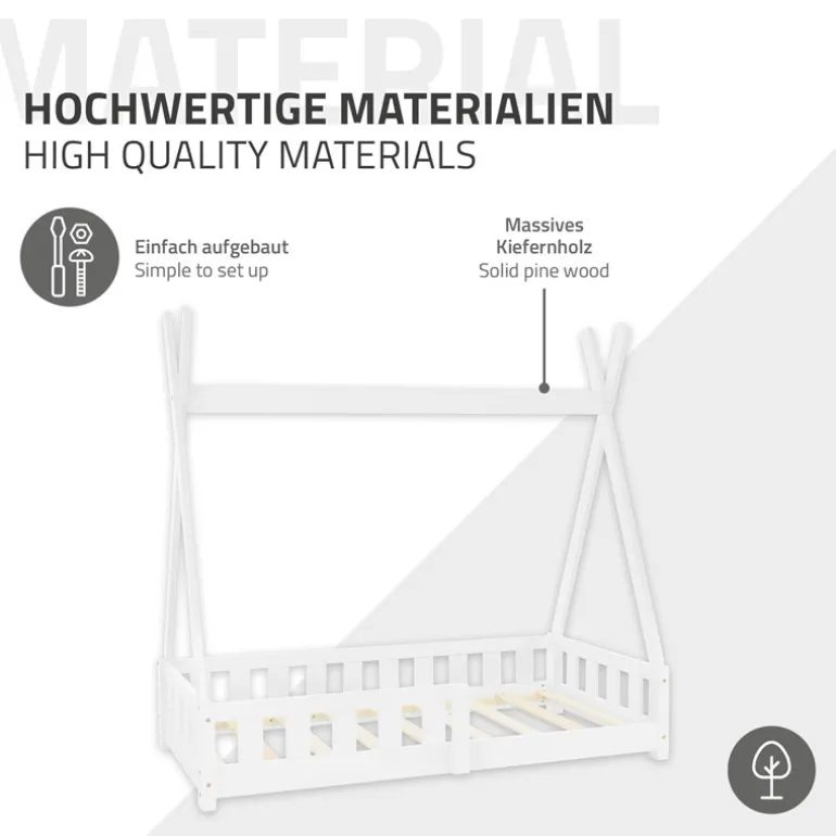 Kinderbett Tipi 70x140 cm Weiß aus Kiefernholz inkl. Matratze H-10cm Rausfallschutz und Lattenrost ML-Design