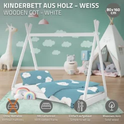 Kinderbett Tipi 80x160 cm Weiß aus Kiefernholz Holzbett mit Lattenrost ML-Design