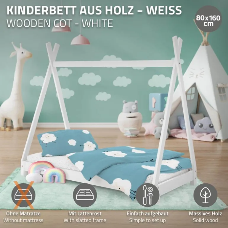 Kinderbett Tipi 80x160 cm Weiß aus Kiefernholz Holzbett mit Lattenrost ML-Design