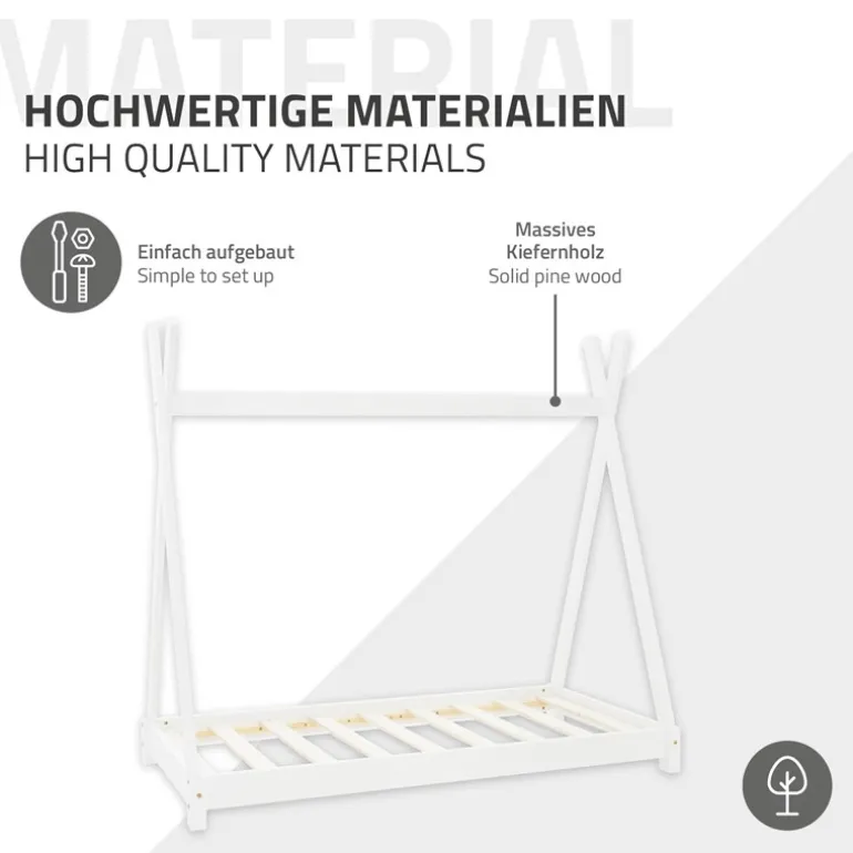 Kinderbett Tipi 80x160 cm Weiß aus Kiefernholz Holzbett mit Lattenrost ML-Design
