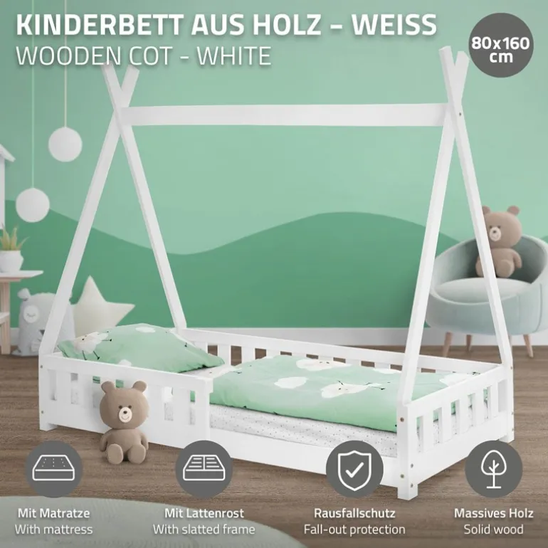 Kinderbett Tipi 80x160 cm Weiß aus Kiefernholz inkl. Matratze H-10cm Rausfallschutz und Lattenrost ML-Design