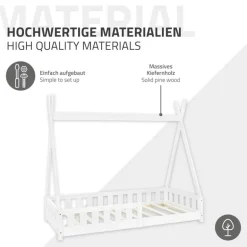 Kinderbett Tipi 80x160 cm Weiß aus Kiefernholz inkl. Matratze H-10cm Rausfallschutz und Lattenrost ML-Design
