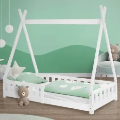 Kinderbett Tipi 80x160 cm Weiß aus Kiefernholz mit Rausfallschutz und Lattenrost Holzbett ML-Design