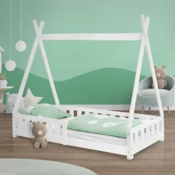 Kinderbett Tipi 80x160 cm Weiß aus Kiefernholz mit Rausfallschutz und Lattenrost Holzbett ML-Design