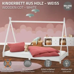 Kinderbett Tipi 90x200 cm Weiß aus Kiefernholz Holzbett mit Lattenrost ML-Design