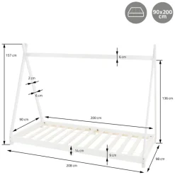 Kinderbett Tipi 90x200 cm Weiß aus Kiefernholz Holzbett mit Lattenrost ML-Design