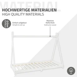 Kinderbett Tipi 90x200 cm Weiß aus Kiefernholz inkl. Matratze H-10cm Holzbett mit Lattenrost ML-Design