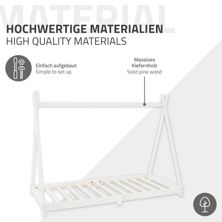 Kinderbett Tipi 90x200 cm Weiß aus Kiefernholz inkl. Matratze H-10cm Holzbett mit Lattenrost ML-Design
