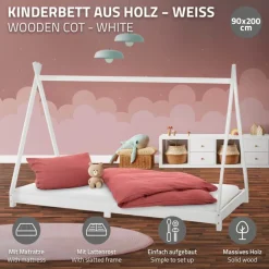 Kinderbett Tipi 90x200 cm Weiß aus Kiefernholz inkl. Matratze H-16cm Holzbett mit Lattenrost ML-Design